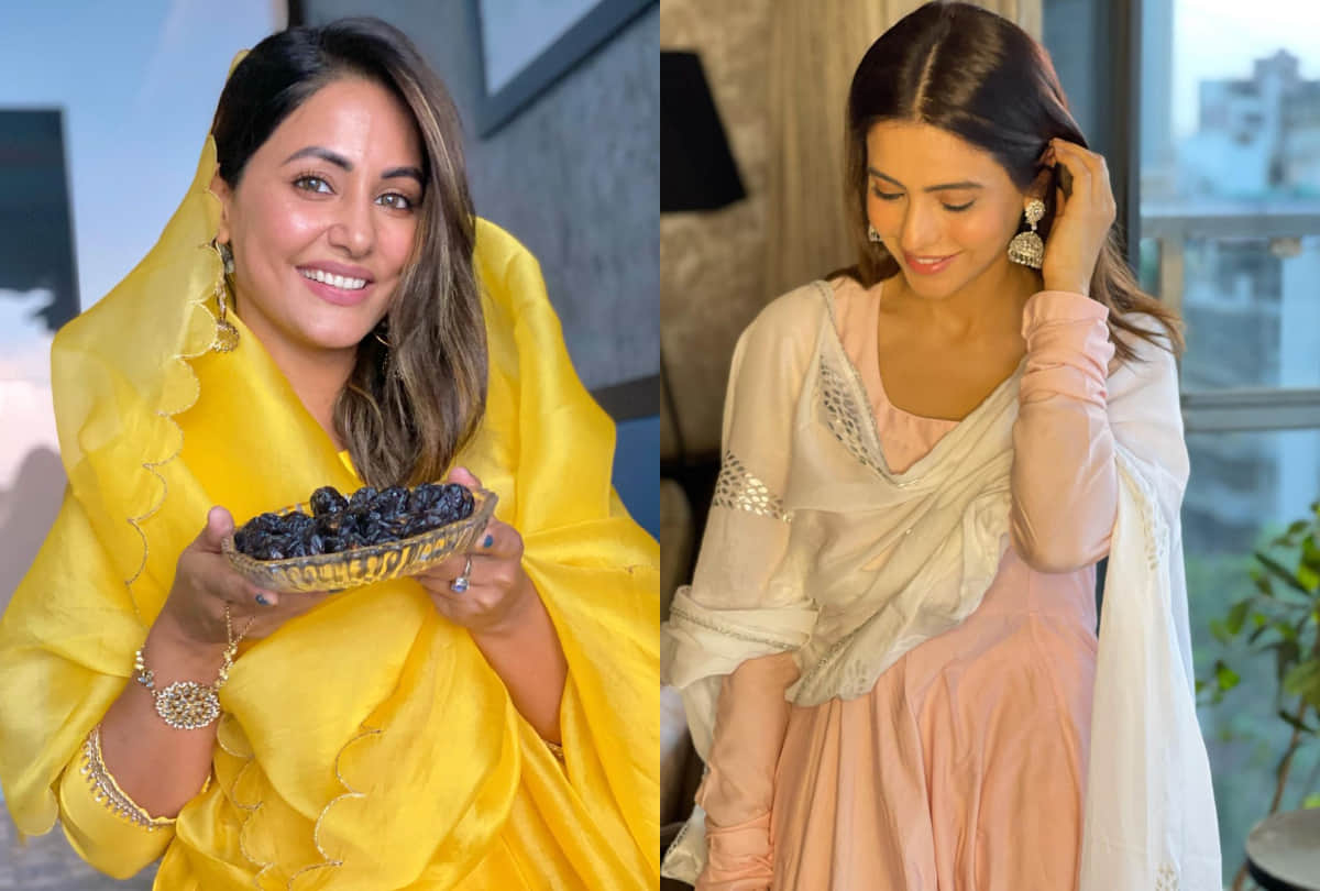 hina khan wishes ramadan in yellow chanderi silk kurta aamna sharif wearing pink anarkali set