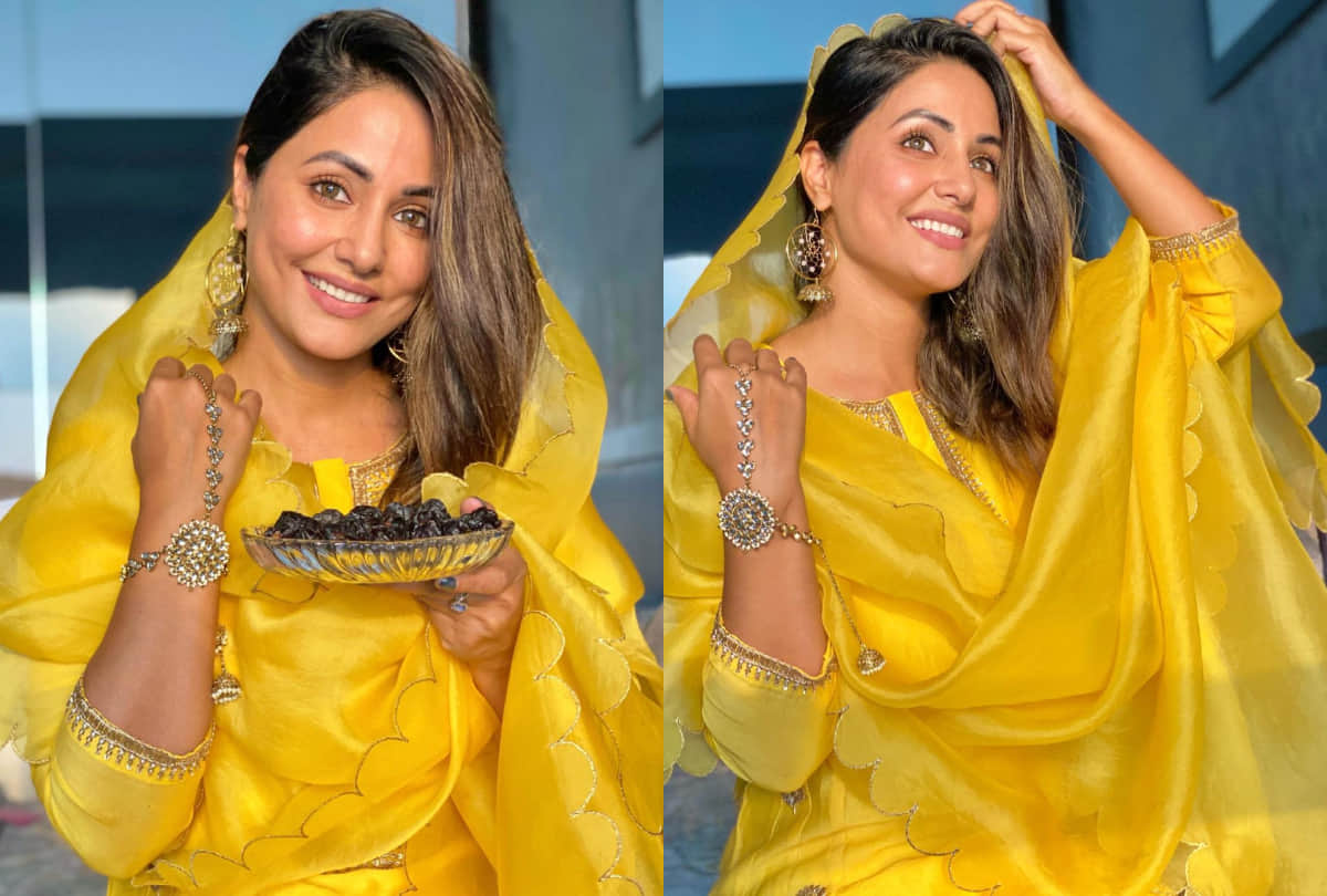 hina khan wishes ramadan in yellow chanderi silk kurta aamna sharif wearing pink anarkali set