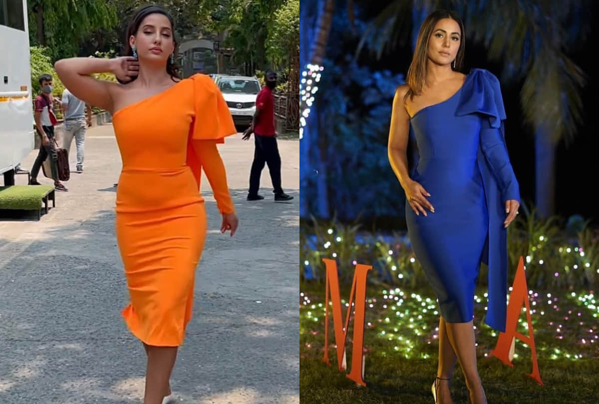 hina khan copied nora fatehi wear blue one shoulder bodycon dress