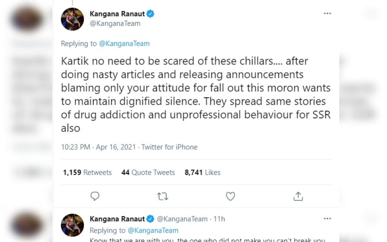 kangana ranaut tweet in support of kartik aaryan for dostana 2 against karan johar for sushant singh rajput demise