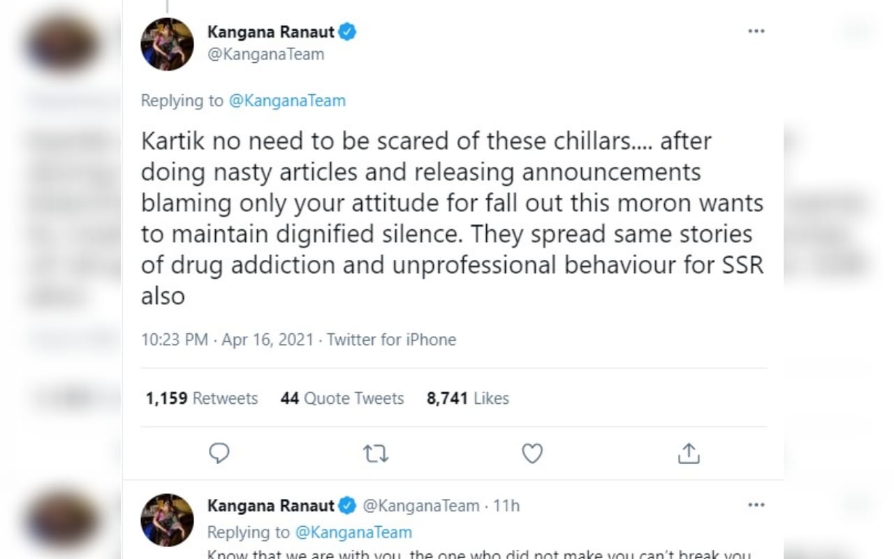 kangana ranaut tweet in support of kartik aaryan for dostana 2 against karan johar for sushant singh rajput demise