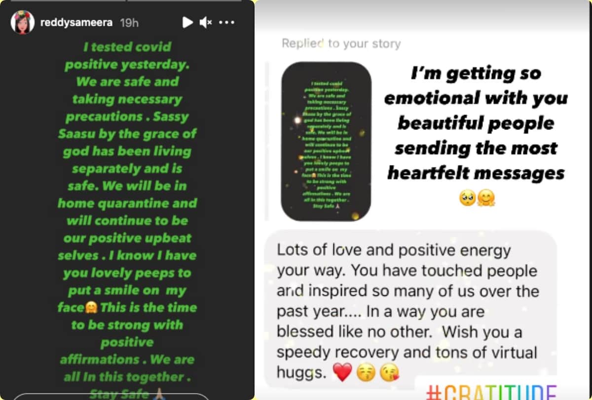 Sameera Reddy tested positive for covid 19 informed on instagram mother in law is safe