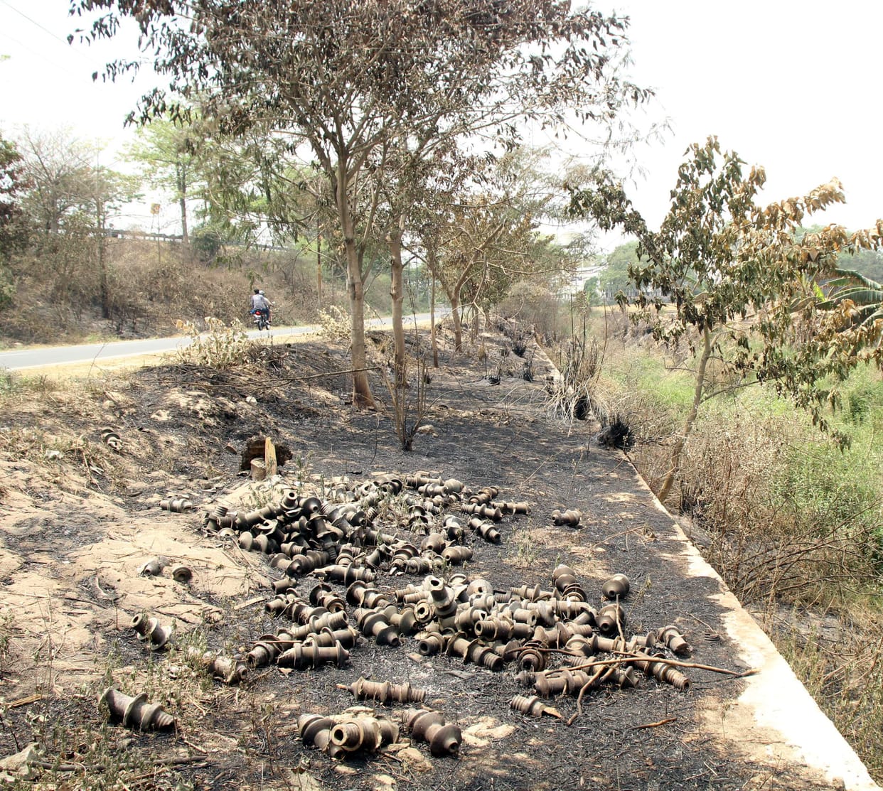 Hundreds of burnt insulators found along the path of the ashram method school