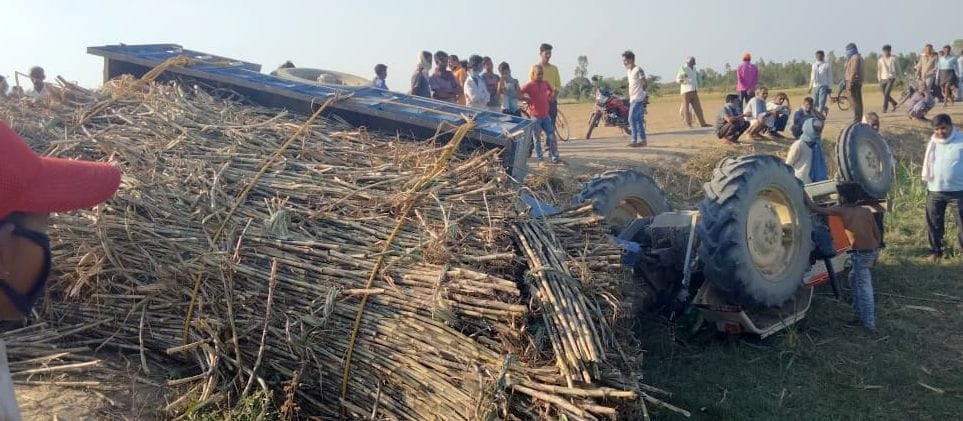 Sugarcane-laden tractor-trolley overturns farmer dies