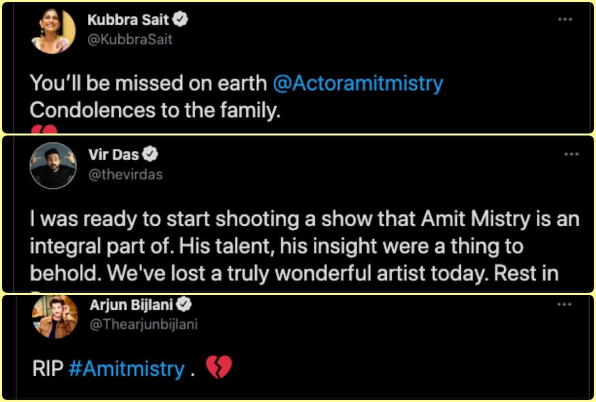 Kubbra Sait to Vir Das Karanvir Bohra and arjun bijlani condolence tweet on amit mistry demise
