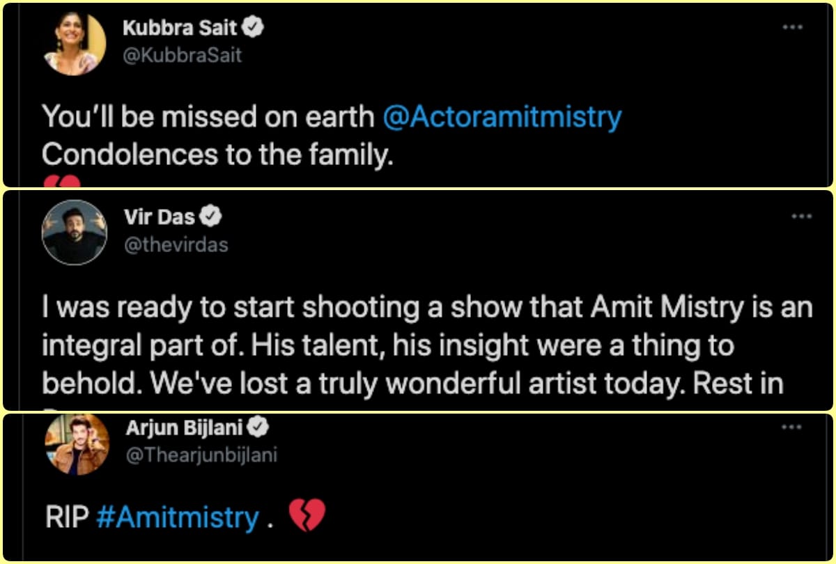 Kubbra Sait to Vir Das Karanvir Bohra and arjun bijlani condolence tweet on amit mistry demise