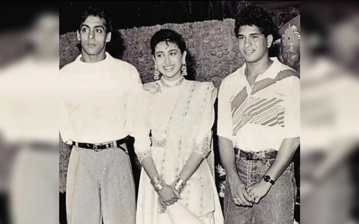 karishma kapoor shared throwback photo with Salman Khan and Sachin Tendulkar from Andaz Apna Apna film set