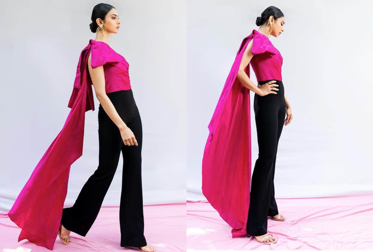 rakul preet singh in pink one shoulder cape top fail to impress fans