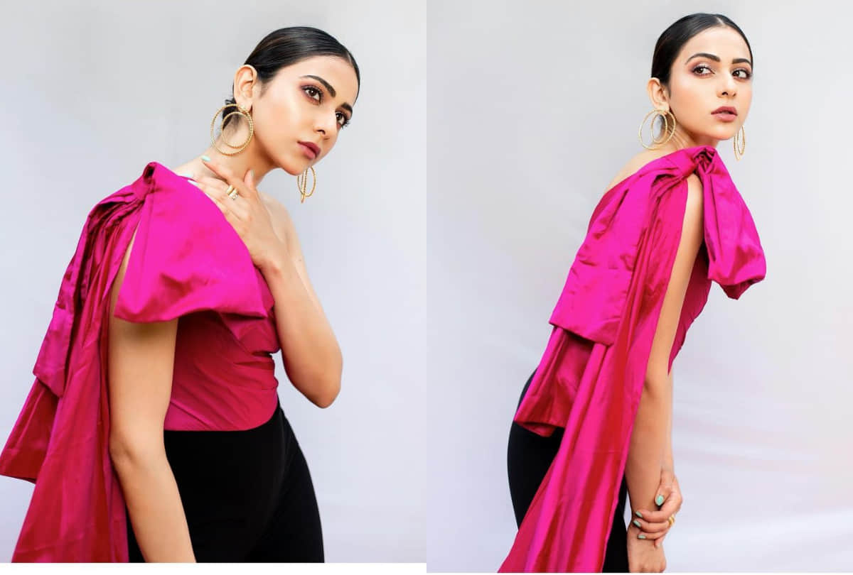rakul preet singh in pink one shoulder cape top fail to impress fans