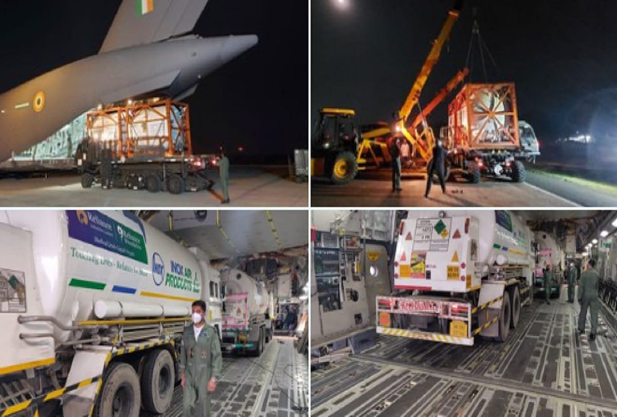 six Cryogenic oxygen containers airlifted from Dubai Airports and landed at the Panagarh Airbase india