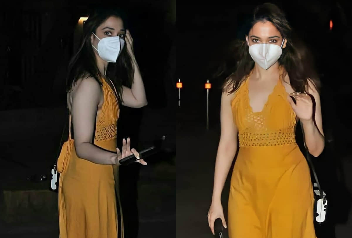 tamannaah bhatia spot in mustard yellow backless maxi dress looking attractive