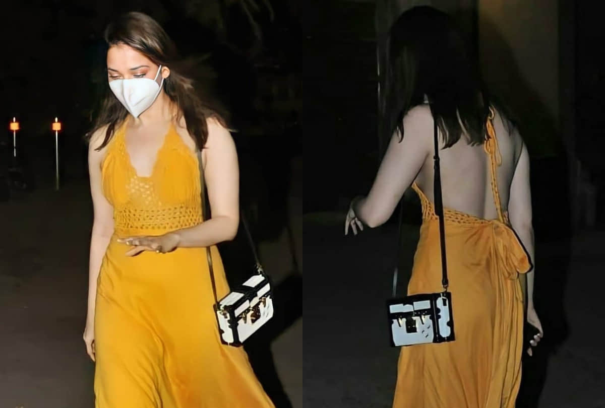 tamannaah bhatia spot in mustard yellow backless maxi dress looking attractive