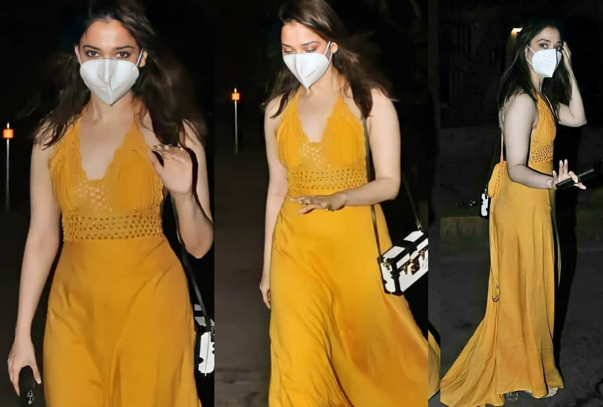 tamannaah bhatia spot in mustard yellow backless maxi dress looking attractive