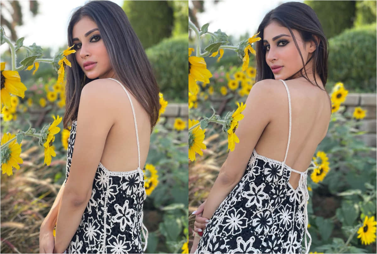 mouni roy perfect pose in black and white backless summer dress looking gorgeous