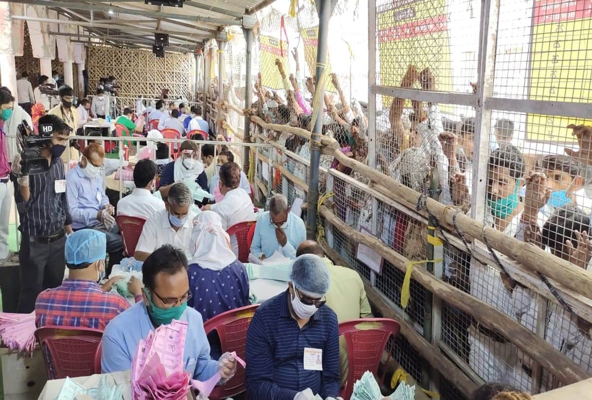people violating covid guidelines during counting of panchayat election in firozabad