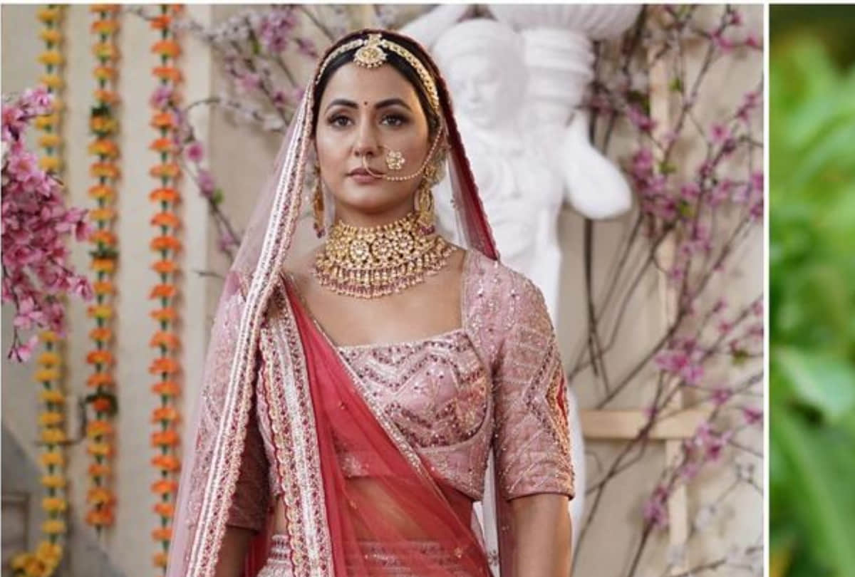 hina khan bridal look in pink lehenga maang tikka and nath like royal