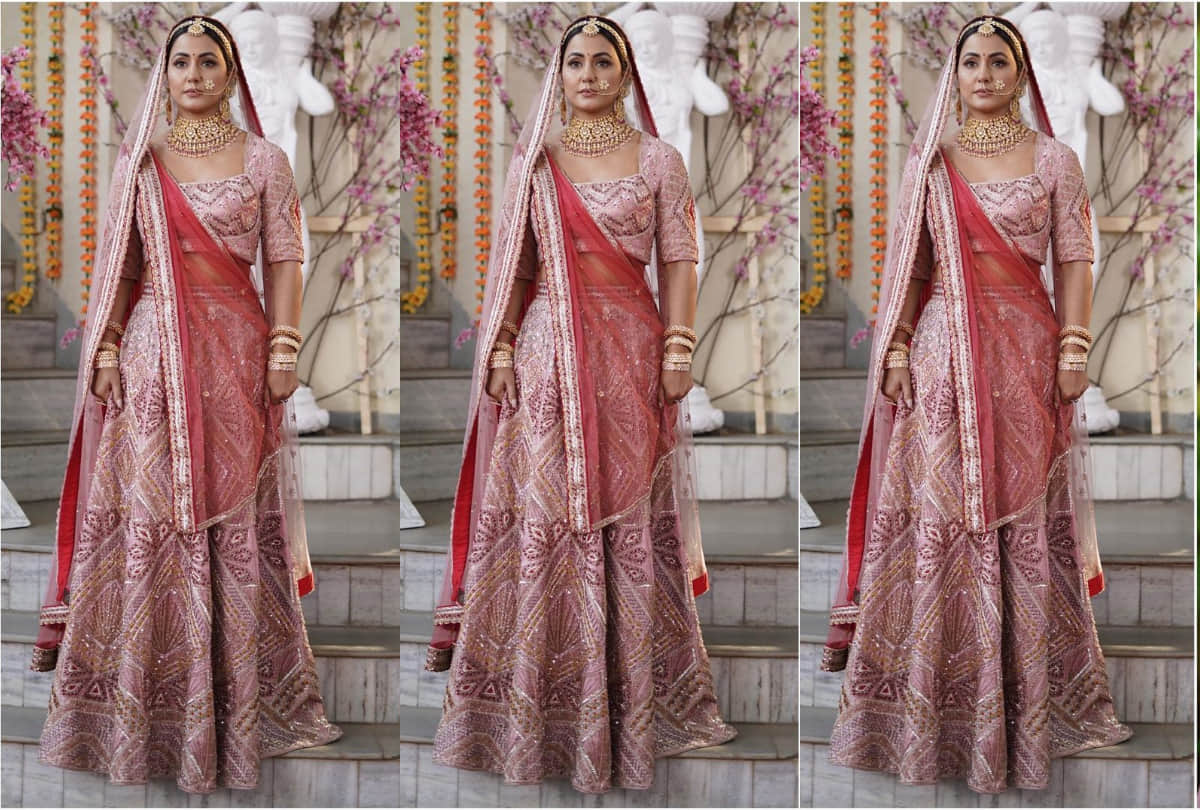 hina khan bridal look in pink lehenga maang tikka and nath like royal