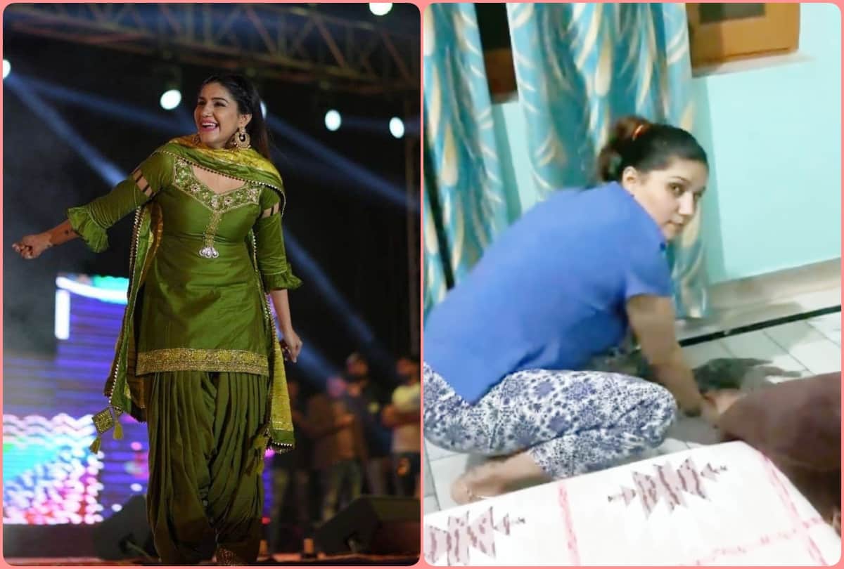 sapna choudhary home mopping video viral watching ghunghroo song while house cleaning