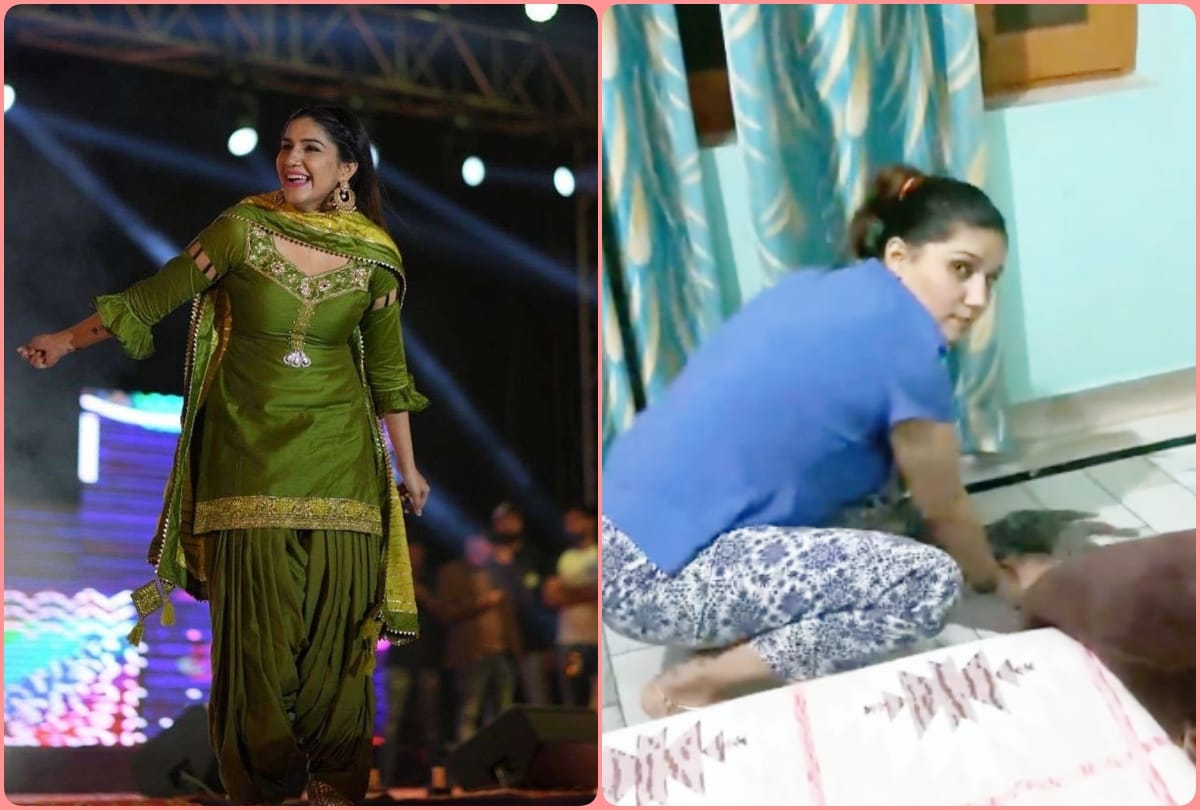 sapna choudhary home mopping video viral watching ghunghroo song while house cleaning