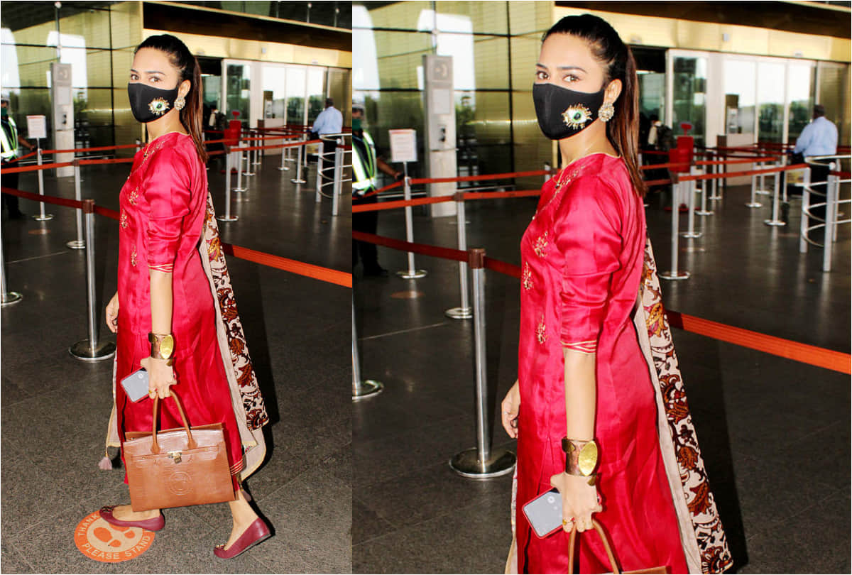 erica fernandes in red silk salwar kurta in airport