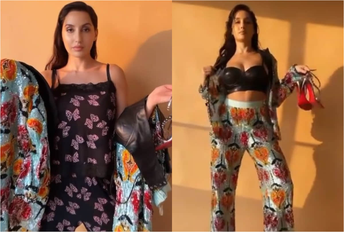 nora fatehi quick transformation from casual wear to party outfit in shimmery pants and blazer
