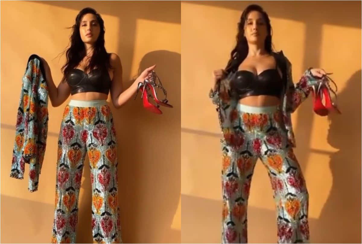 nora fatehi quick transformation from casual wear to party outfit in shimmery pants and blazer