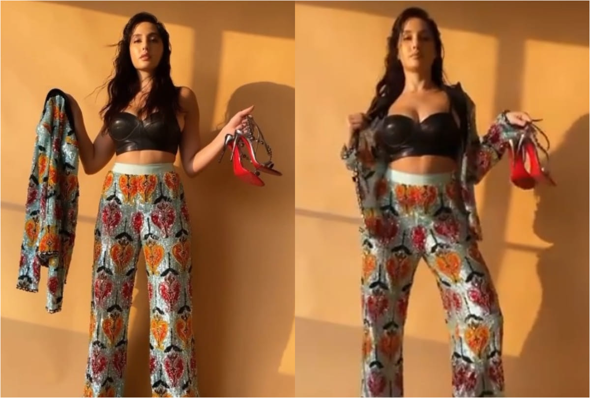 nora fatehi quick transformation from casual wear to party outfit in shimmery pants and blazer