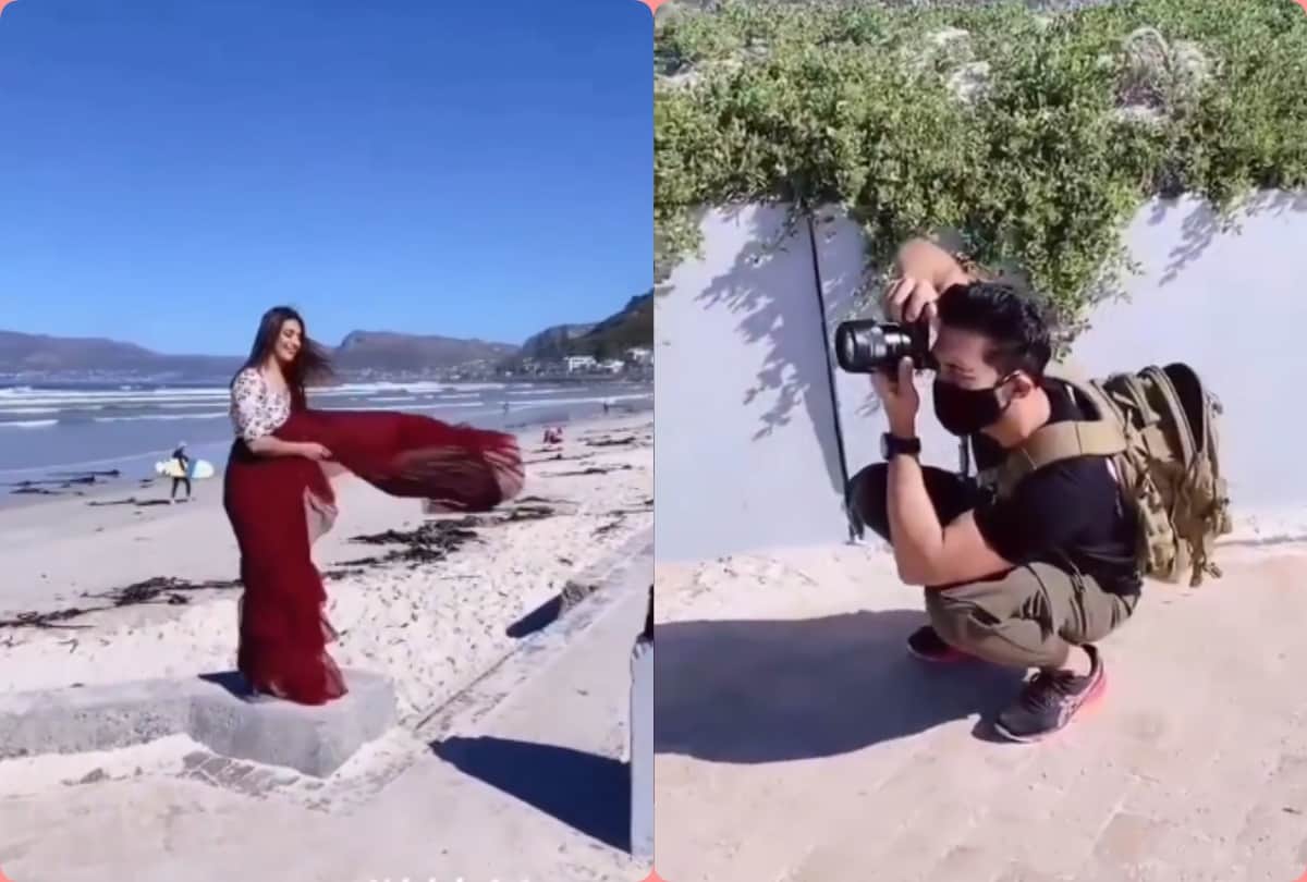 divyanka tripathi show glamorous part in red ruffle saree in capetown beach