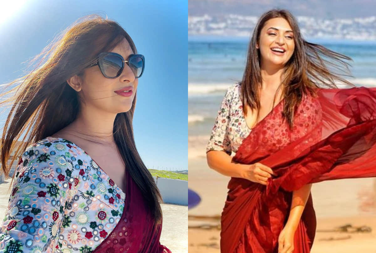 divyanka tripathi show glamorous part in red ruffle saree in capetown beach