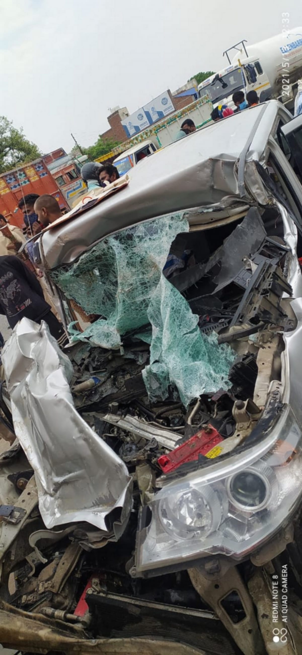 One died in road accident car collided with container in chandauli