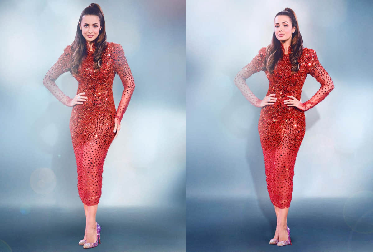 malaika arora show off her curvy figure in red shimmer bodycon dress on dance reality show set