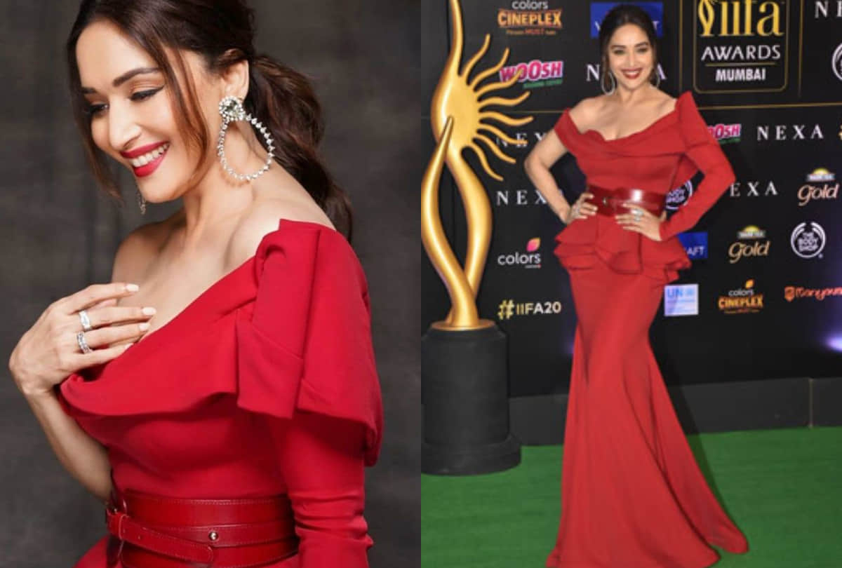 madhuri dixit classic elegant look in red peplum gown iifa 2019
