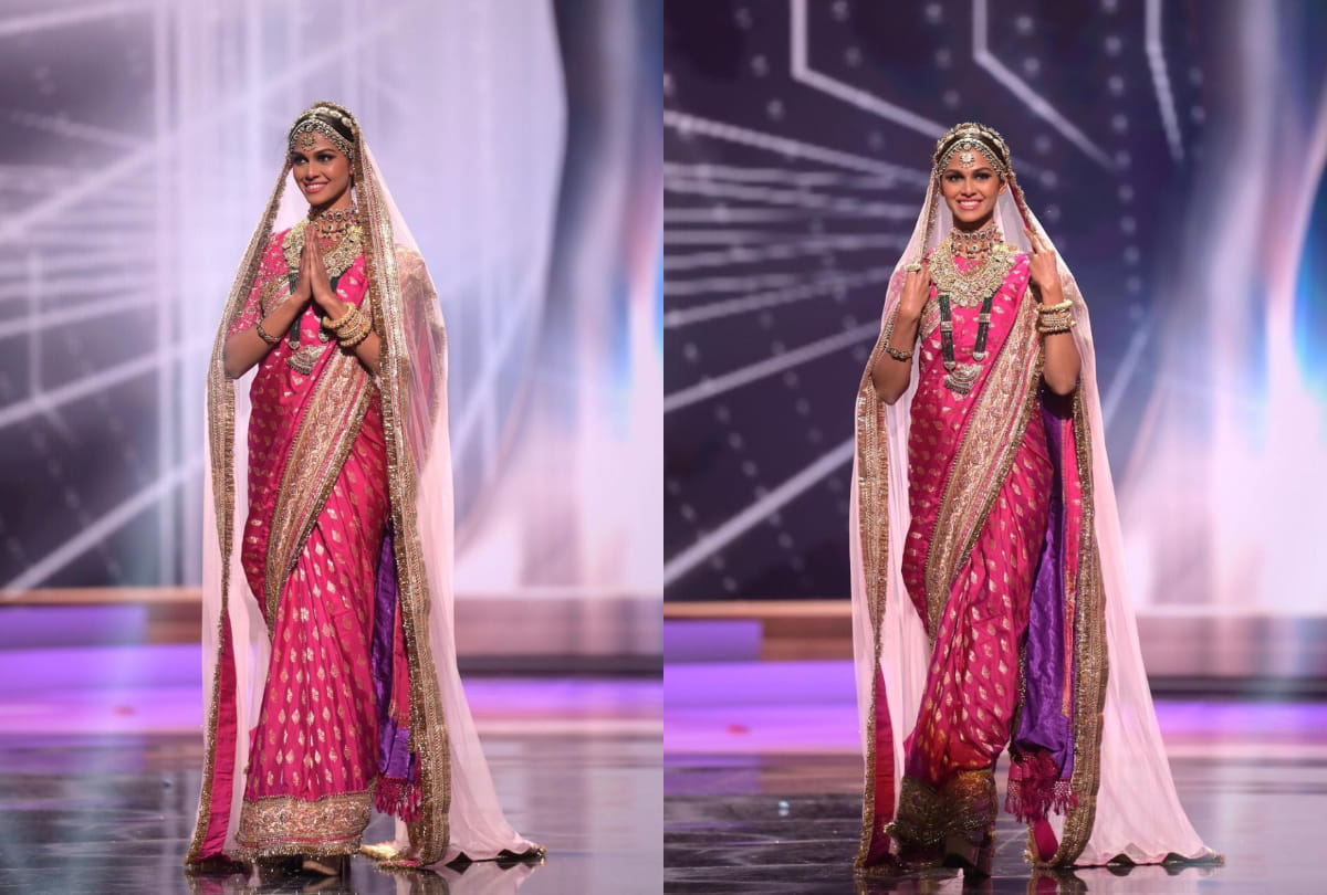miss universe 2020 third runner up adline castelino wore pink saree for national costume round