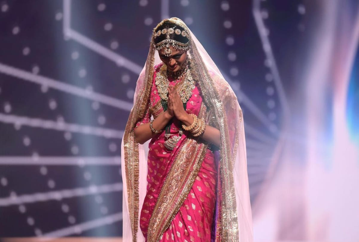 miss universe 2020 third runner up adline castelino wore pink saree for national costume round