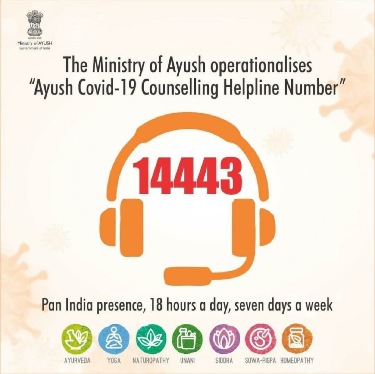 Ayush Ministry started Ayush Covid-19 Counselling Helpline toll-free number 14443 available for 18 hours a day, 7 days a week