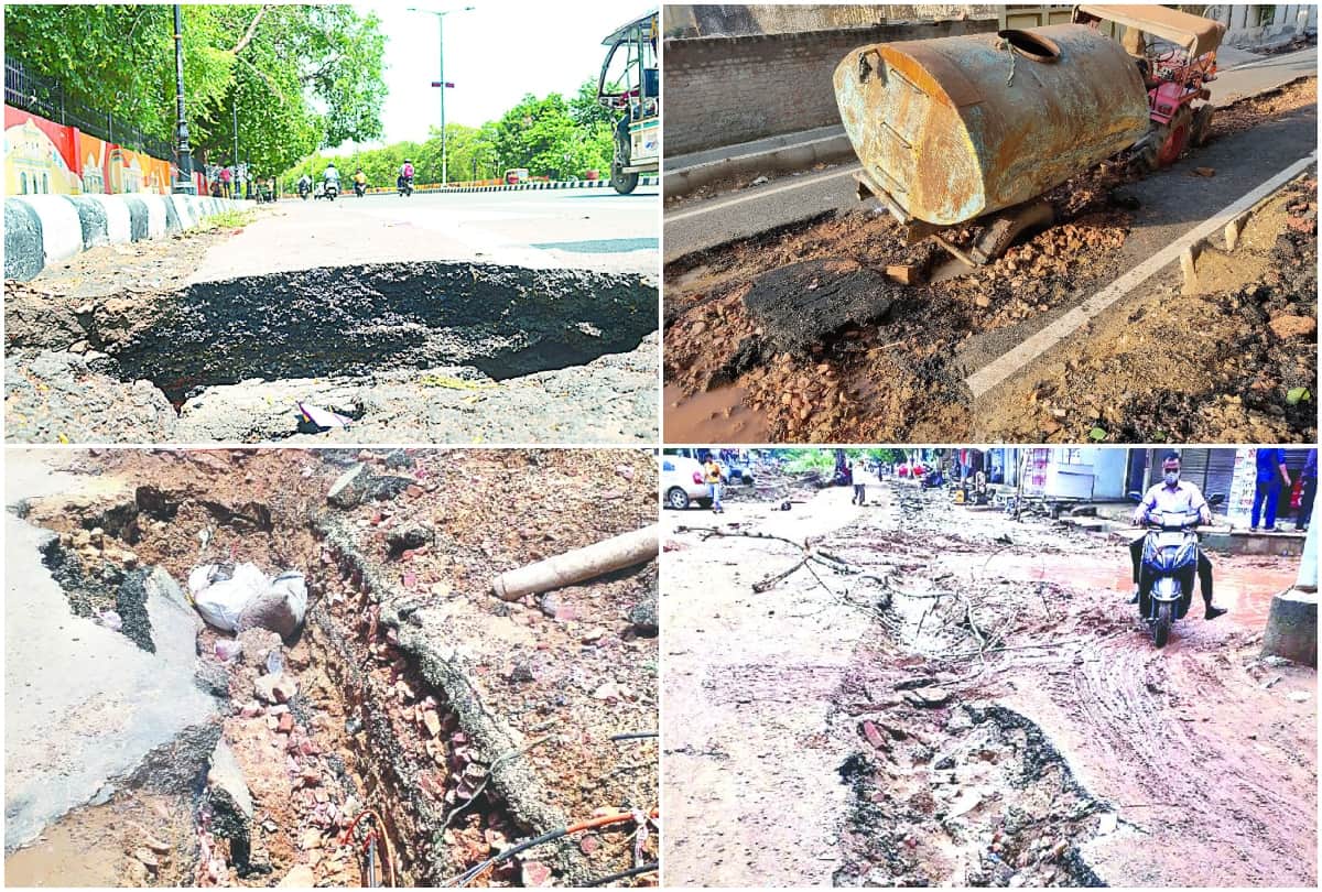potholes in the roads due to rain in agra