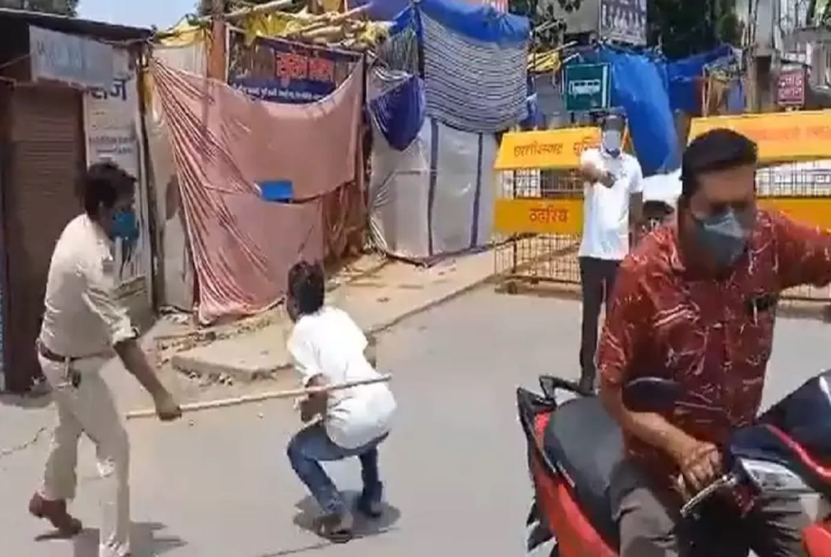 Surajpur SP line attached Incharge of Police Station Kotwali Basant Khalkho after he was seen beating a man for allegedly violating lockdown guidelines in viral video