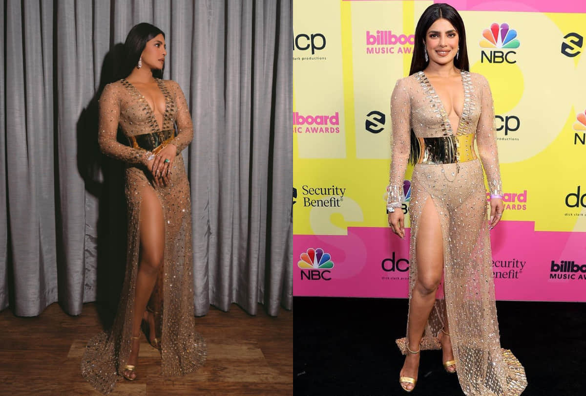 priyanka chopra wears sheer through thigh high slit gown in billboard music award 2021