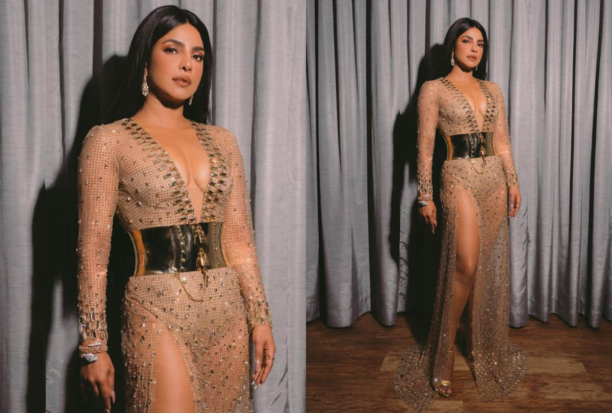 priyanka chopra wears sheer through thigh high slit gown in billboard music award 2021