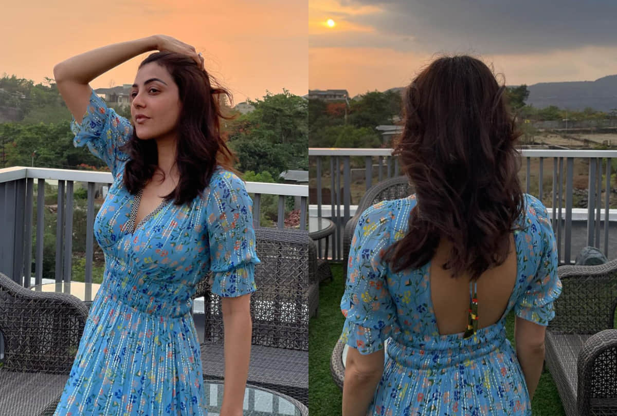kajal agarwal simple and chic look in blue floral print dress for home photoshoot
