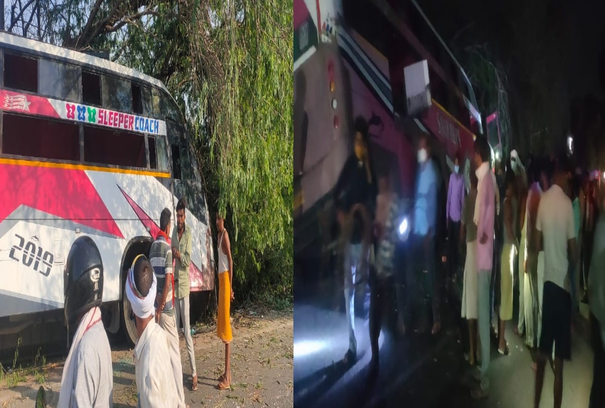 UP mahoba highway bus collides with tree 18 passengers injured