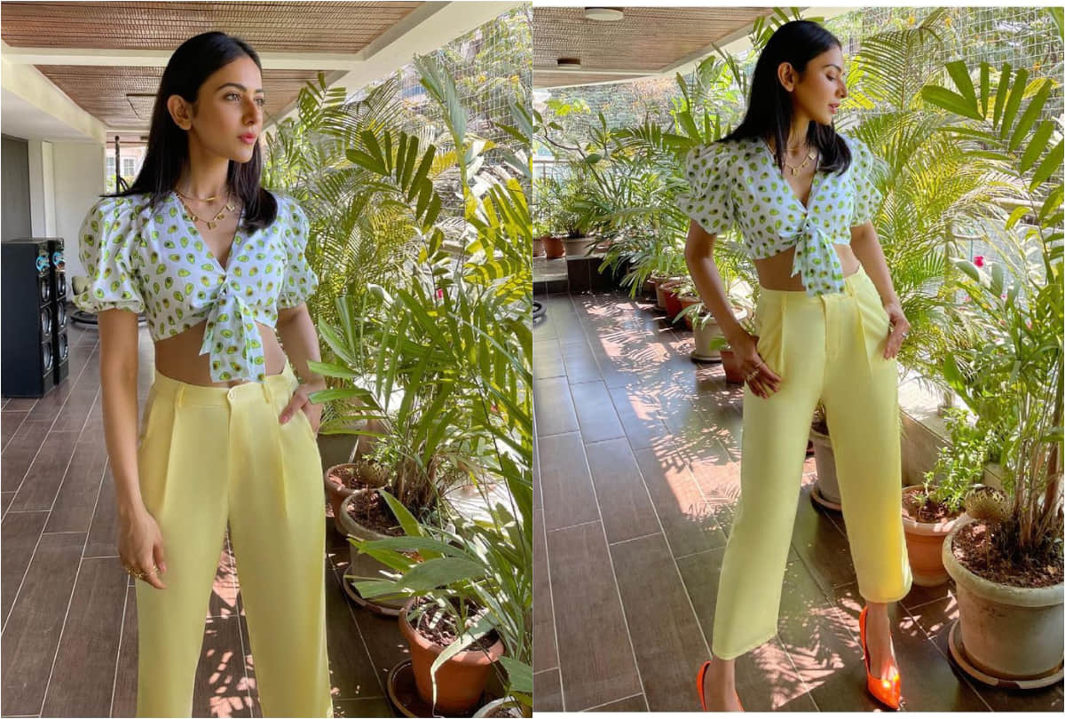 rakul preet singh front knot crop top with yellow pants match neon orange heels