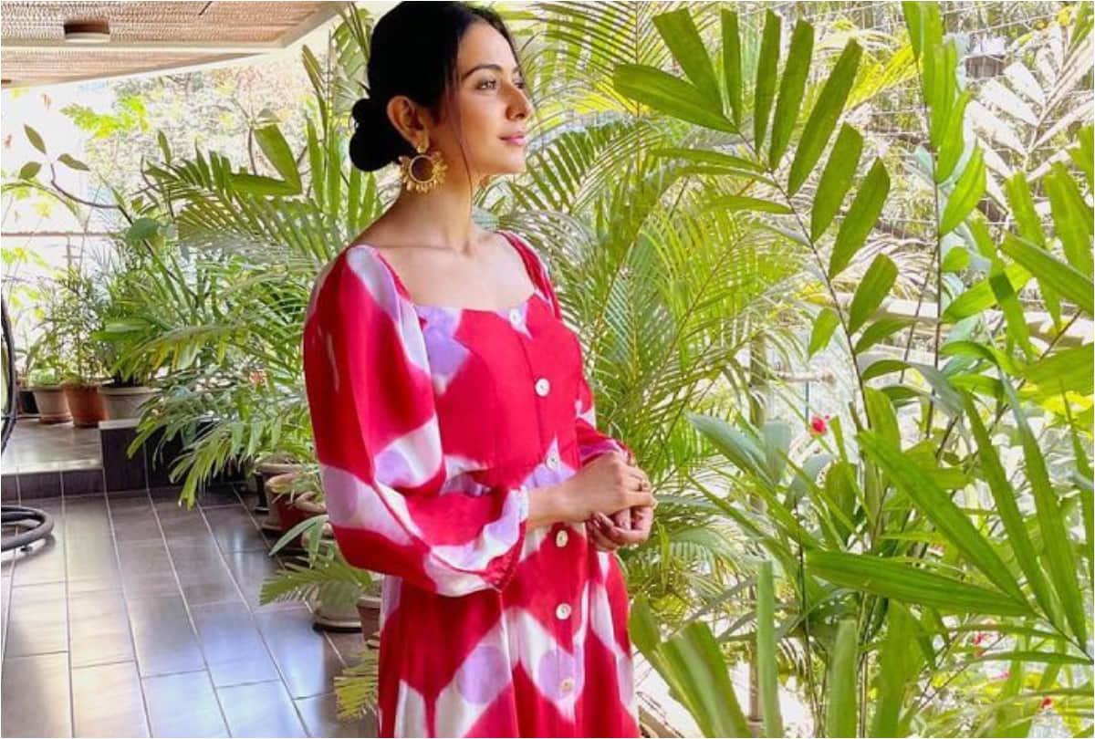 rakul preet singh strapless backless blouse with floral print saree look gorgeous for film pramotion