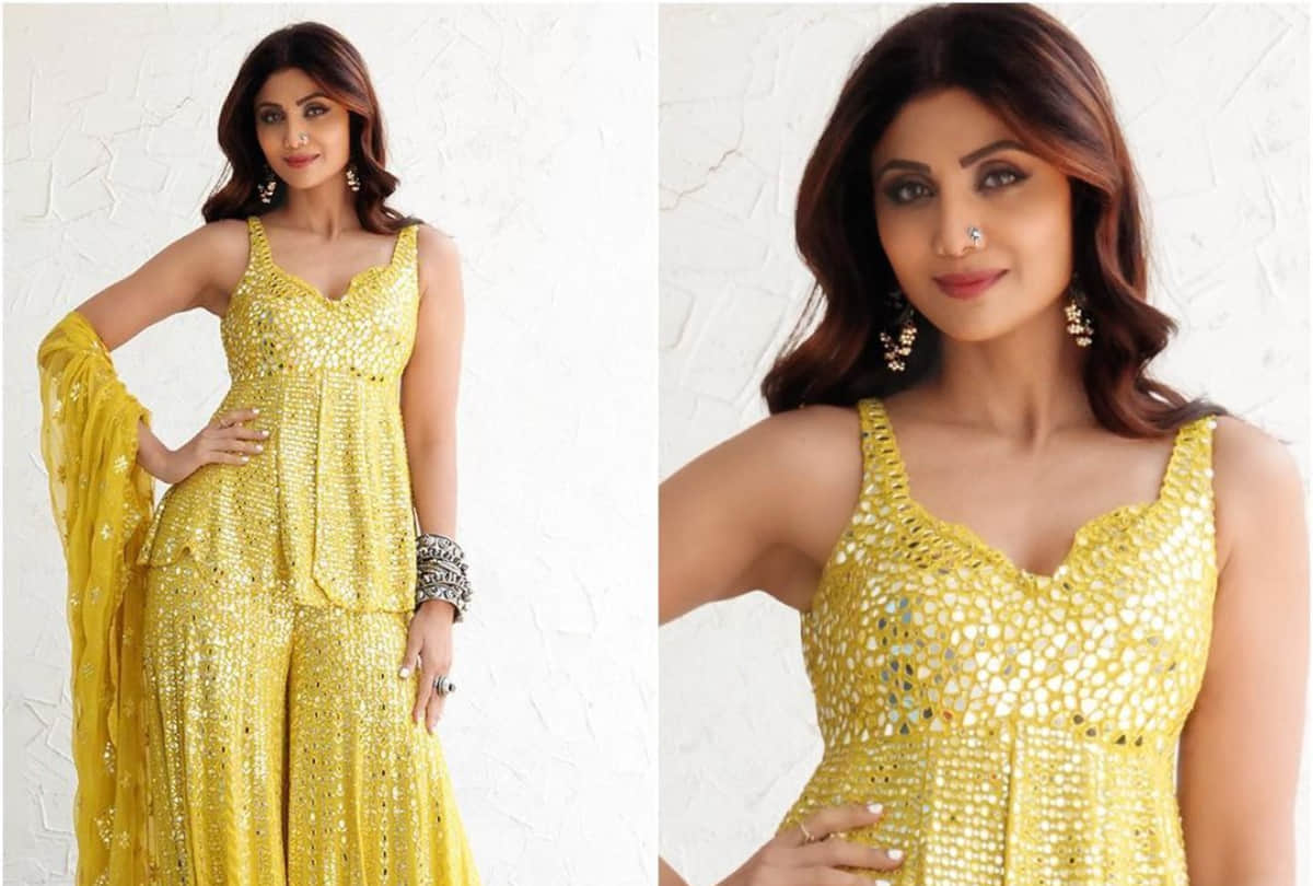 shilpa shetty ready in yellow mirror work sharara looking gorgeous video viral