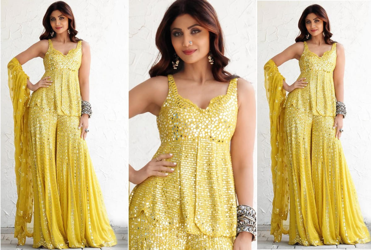 shilpa shetty ready in yellow mirror work sharara looking gorgeous video viral