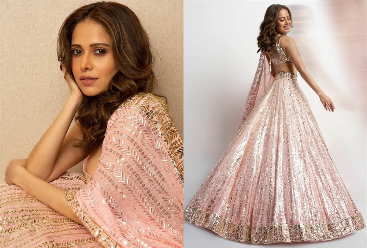 nushrat bharucha soft glam look in pink manish malhotra lehenga