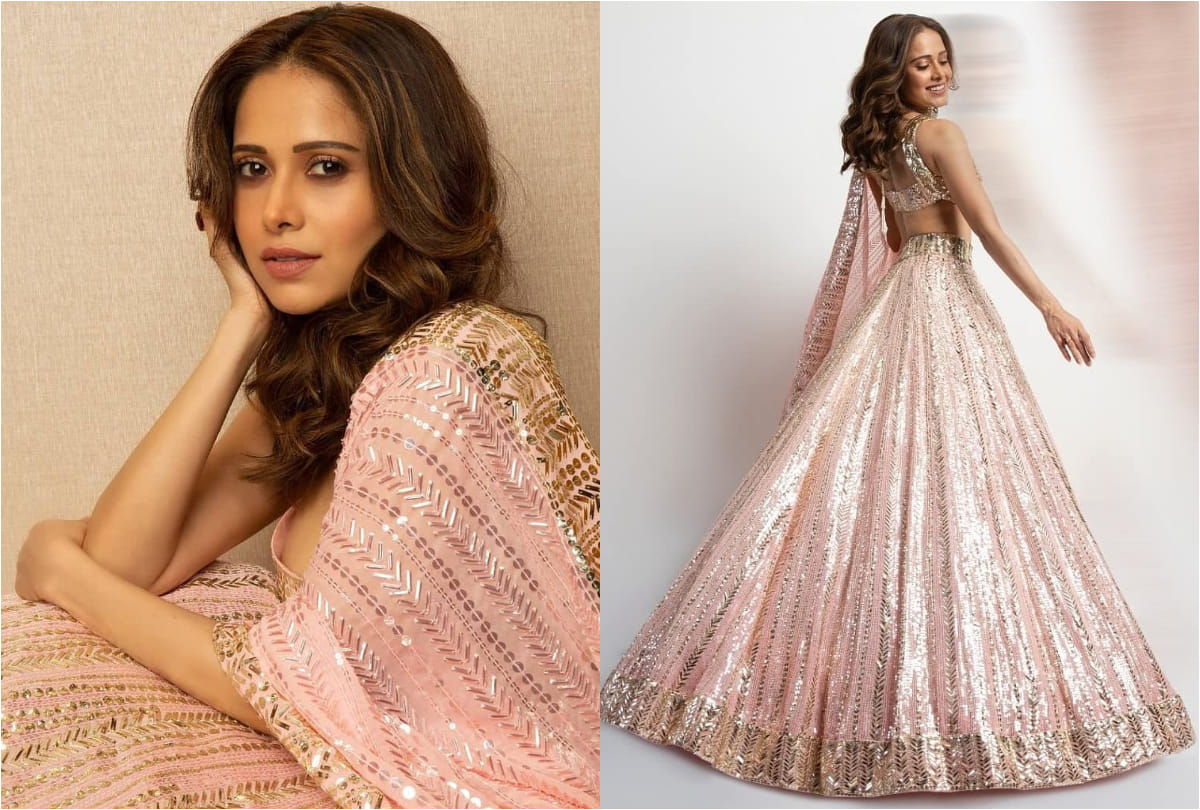 nushrat bharucha soft glam look in pink manish malhotra lehenga