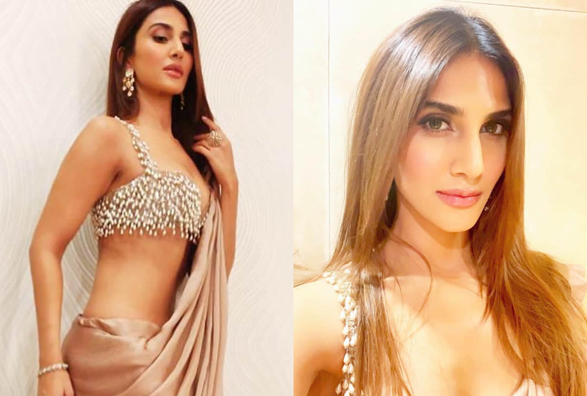 vaani kapoor sizzling super hot look in satin saree wearing at deepika ranveer wedding reception