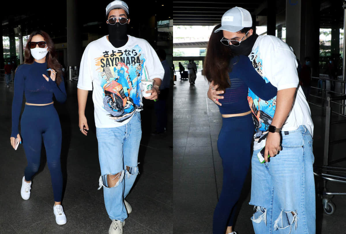 jasmin bhasin spotted in blue body fitting athleisure to receive boyfriend aly goni