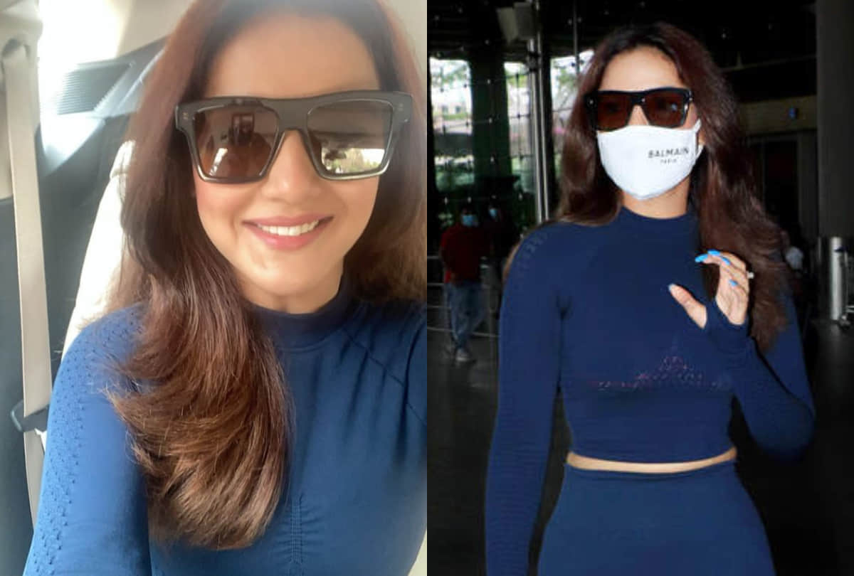 jasmin bhasin spotted in blue body fitting athleisure to receive boyfriend aly goni